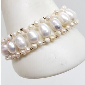 Vintage Genuine Pearl Bracelet Gold Tone Heart Charms Hand Made Artisan